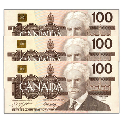 SOLD $100 1988 Bank of Canada Notes BJR Changeover Prefix BC-60d - 3 Consecutive
