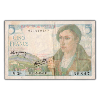 SOLD France 1943 5 Five Francs Note P #98a