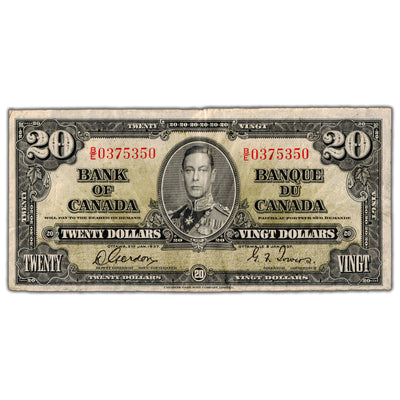 $20 1937 Bank of Canada Note Gordon-Towers B/E Prefix BC-25b - F/VF
