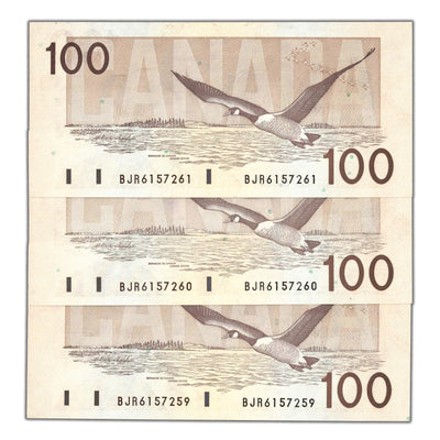 SOLD $100 1988 Bank of Canada Notes BJR Changeover Prefix BC-60d - 3 Consecutive