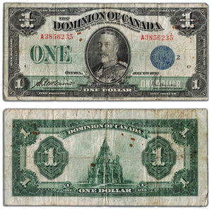 SOLD $1 1923 Dominion of Canada Note Blue Seal Series A DC-25h - Staining