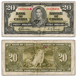 SOLD $20 1937 Bank of Canada Note Gordon-Towers E/E Prefix BC-25b - Writing