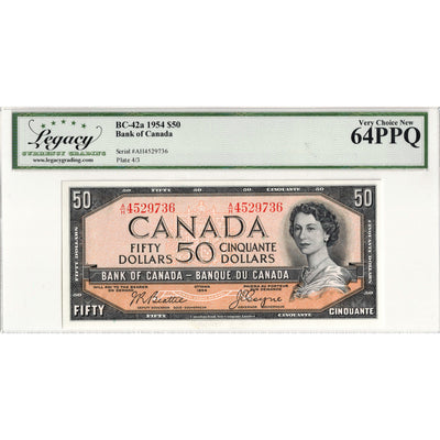 $50 1954 Bank of Canada Note Beattie-Coyne A/H Prefix BC-42a - Legacy Ch UNC-64 PPQ