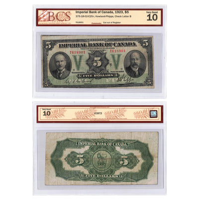 SOLD $5 1923 Imperial Bank of Canada Chartered Note CH #375-18-02-E25-i - BCS VG-10