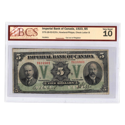 SOLD $5 1923 Imperial Bank of Canada Chartered Note CH #375-18-02-E25-i - BCS VG-10