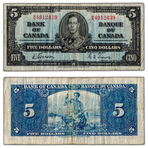 SOLD $5 1937 Bank of Canada Note Gordon-Towers M/C Prefix BC-23b - Minor Pencil
