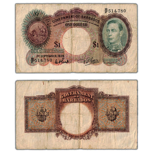 SOLD Barbados 1939 $1 One Dollar Note P #2b - Circulated