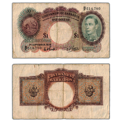 SOLD Barbados 1939 $1 One Dollar Note P #2b - Circulated