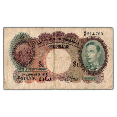 SOLD Barbados 1939 $1 One Dollar Note P #2b - Circulated