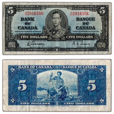 $5 1937 Bank of Canada Note Gordon-Towers H/C Prefix BC-23b - F/VF