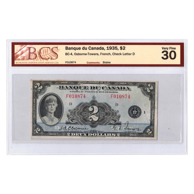 $2 1935 Banque du Canada Note French Text BC-4 - BCS VF-30 (stains)