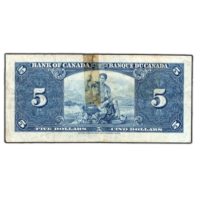 SOLD $5 1937 Bank of Canada Note Gordon-Towers S/C Prefix BC-23b - Damaged/Writing