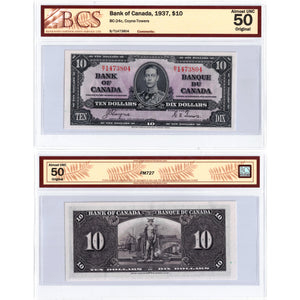 SOLD $10 1937 Bank of Canada Note Coyne-Towers B/T Prefix BC-24c - BCS AU-50