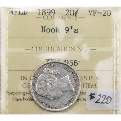 Newfoundland 1899 Hook 9's 20 Cents Silver Coin - ICCS VF-20