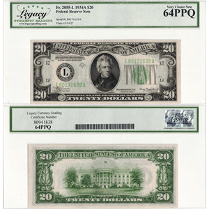 United States 1934 $20 Federal Reserve Note Fr. 2055-L - Legacy UNC-64 PPQ