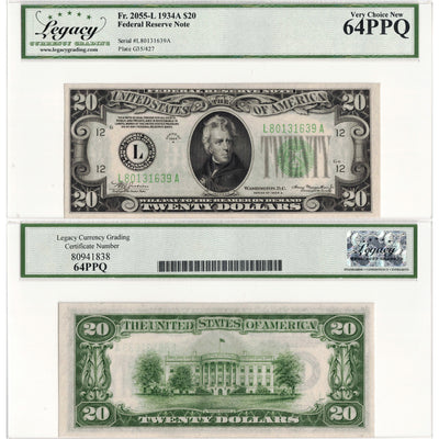 United States 1934 $20 Federal Reserve Note Fr. 2055-L - Legacy UNC-64 PPQ