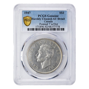 SOLD Canada 1947 Pointed 7 w/ Dot $1 Silver Dollar Coin - PCGS AU Detail Cleaned