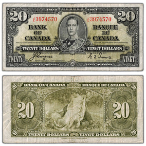 SOLD $20 1937 Bank of Canada Note Coyne-Towers J/E Prefix BC-25c - F/VF