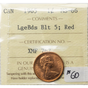 SOLD Canada 1965 LgeBds Blt 5 1 Small Cent Coin - ICCS MS-66 Red