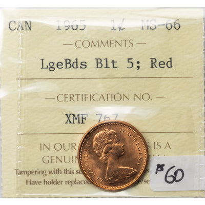SOLD Canada 1965 LgeBds Blt 5 1 Small Cent Coin - ICCS MS-66 Red