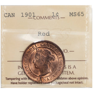 Canada 1901 1 Large Cent Coin - ICCS MS-65 Red