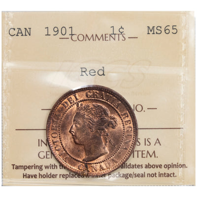 Canada 1901 1 Large Cent Coin - ICCS MS-65 Red