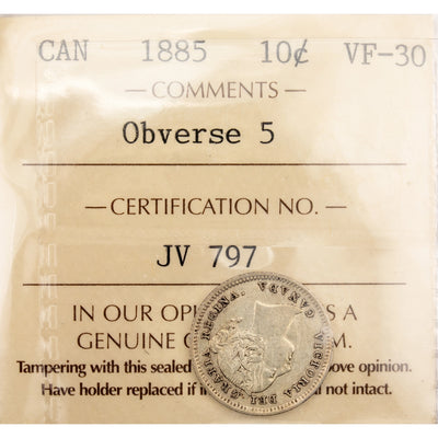 Canada 1885 Obverse 5 10 Cents Dime Silver Coin - ICCS VF-30