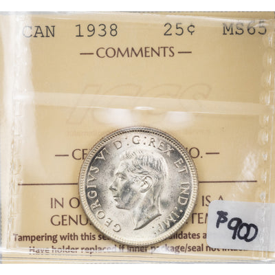 SOLD Canada 1938 25 Cents Quarter Silver Coin - ICCS MS-65