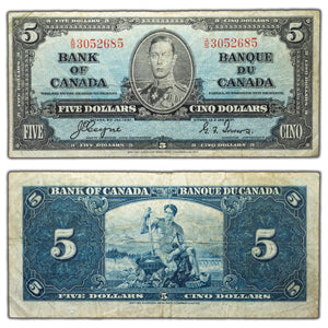 SOLD $5 1937 Bank of Canada Note Coyne-Towers A/S Prefix BC-23c - VG/F