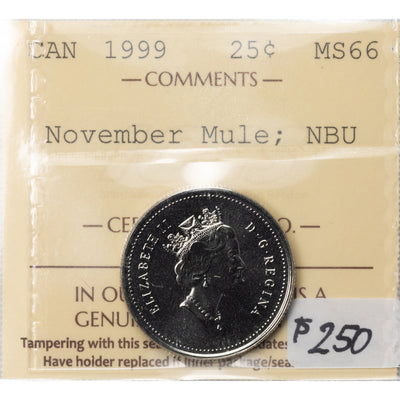 SOLD Canada 1999 November Mule 25 Cents Quarter Coin - ICCS MS-66