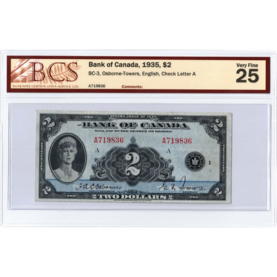 SOLD $2 1935 Bank of Canada Note English Text BC-3 - BCS VF-25