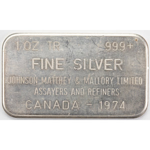 SOLD Johnson Matthey Mallory JM&M 1oz .999 Silver Bar - Dated 1974