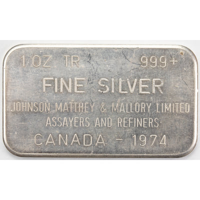 SOLD Johnson Matthey Mallory JM&M 1oz .999 Silver Bar - Dated 1974