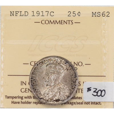 Newfoundland 1917-C 25 Cents Quarter Silver Coin - ICCS MS-62