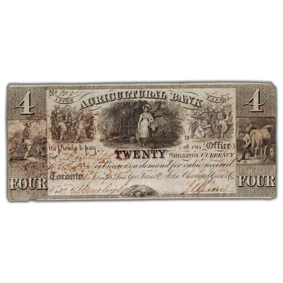 SOLD $4 1836 Agricultural Bank Canada Note #20-12-02-12 - Missing Corner Tip