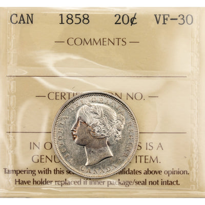 Canada 1858 20 Cents Silver Coin One Year Type! - ICCS VF-30