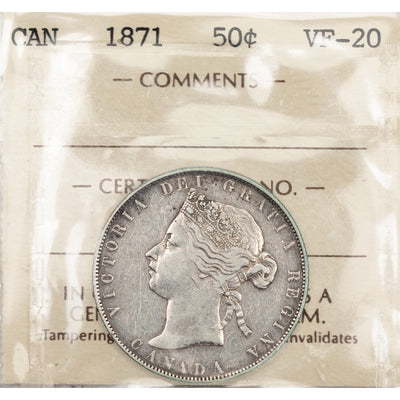SOLD Canada 1871 50 Cents Half Dollar Silver Coin - ICCS VF-20