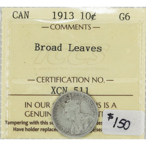 SOLD Canada 1913 Broad Leaves 10 Cents Dime Silver Coin - ICCS G-6