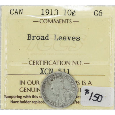 SOLD Canada 1913 Broad Leaves 10 Cents Dime Silver Coin - ICCS G-6