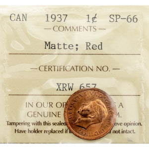 SOLD Canada 1937 1 Small Cent Matte Specimen Coin - ICCS SP-66 Red