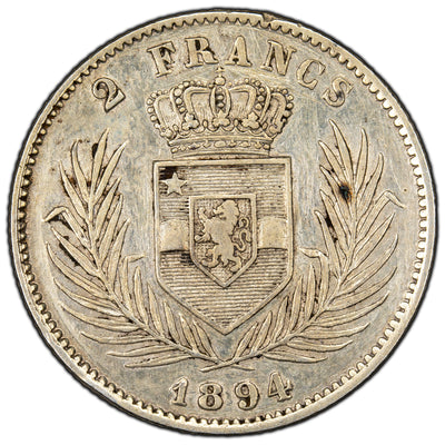 Congo Free States 1894 2 Two Francs Silver Coin KM #7