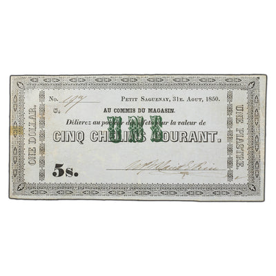 SOLD $1 / 5s 1850 Quebec Canada Price Bros Merchant Script QC #350-12-14