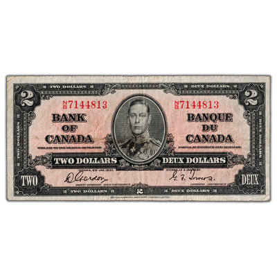 $2 1937 Bank of Canada Note Gordon-Towers N/B Prefix BC-22b - Fine