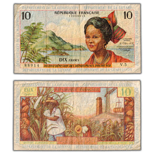 SOLD French Antilles 1966 10 Ten Francs Note Signature #2 P #8b - Small Edge Tear
