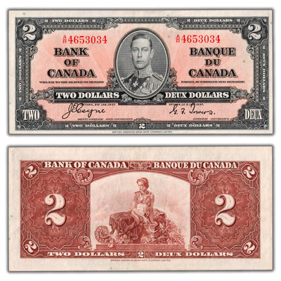 SOLD $2 1937 Bank of Canada Note Coyne-Towers A/R Prefix BC-22c - EF+