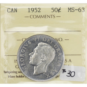 SOLD Canada 1952 50 Cents Half Dollar Silver Coin - ICCS MS-63