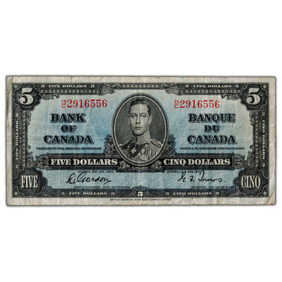 $5 1937 Bank of Canada Note Gordon-Towers H/C Prefix BC-23b - F/VF