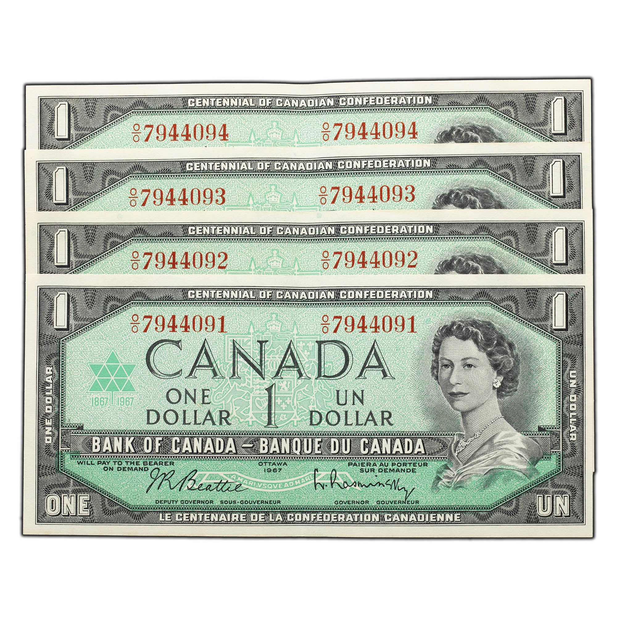 SOLD $1 1967 Bank of Canada Notes O/O Prefix BC-45b - 4 Consecutive ...