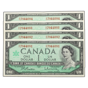 SOLD $1 1967 Bank of Canada Notes O/O Prefix BC-45b - 4 Consecutive - AU