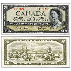 SOLD $20 1954 Bank of Canada Note Devil Face D/E Prefix BC-33b - AU